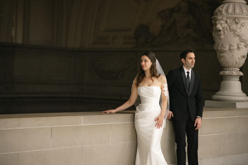 Bride and groom portrait on San Francisco City Hall 4th floor