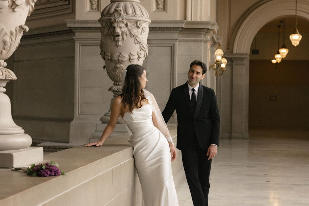 Bride and groom portrait on San Francisco City Hall 4th floor