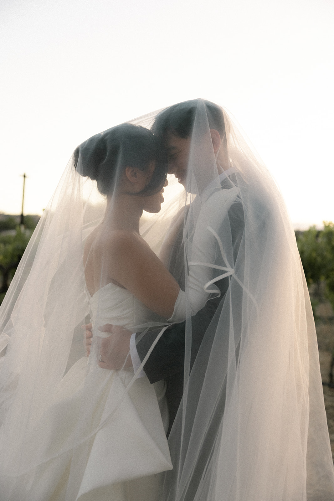 Newlyweds embracing beneath a shared veil at sunset, creating romantic casa real at ruby hill winery photos by a bay area wedding photographer.