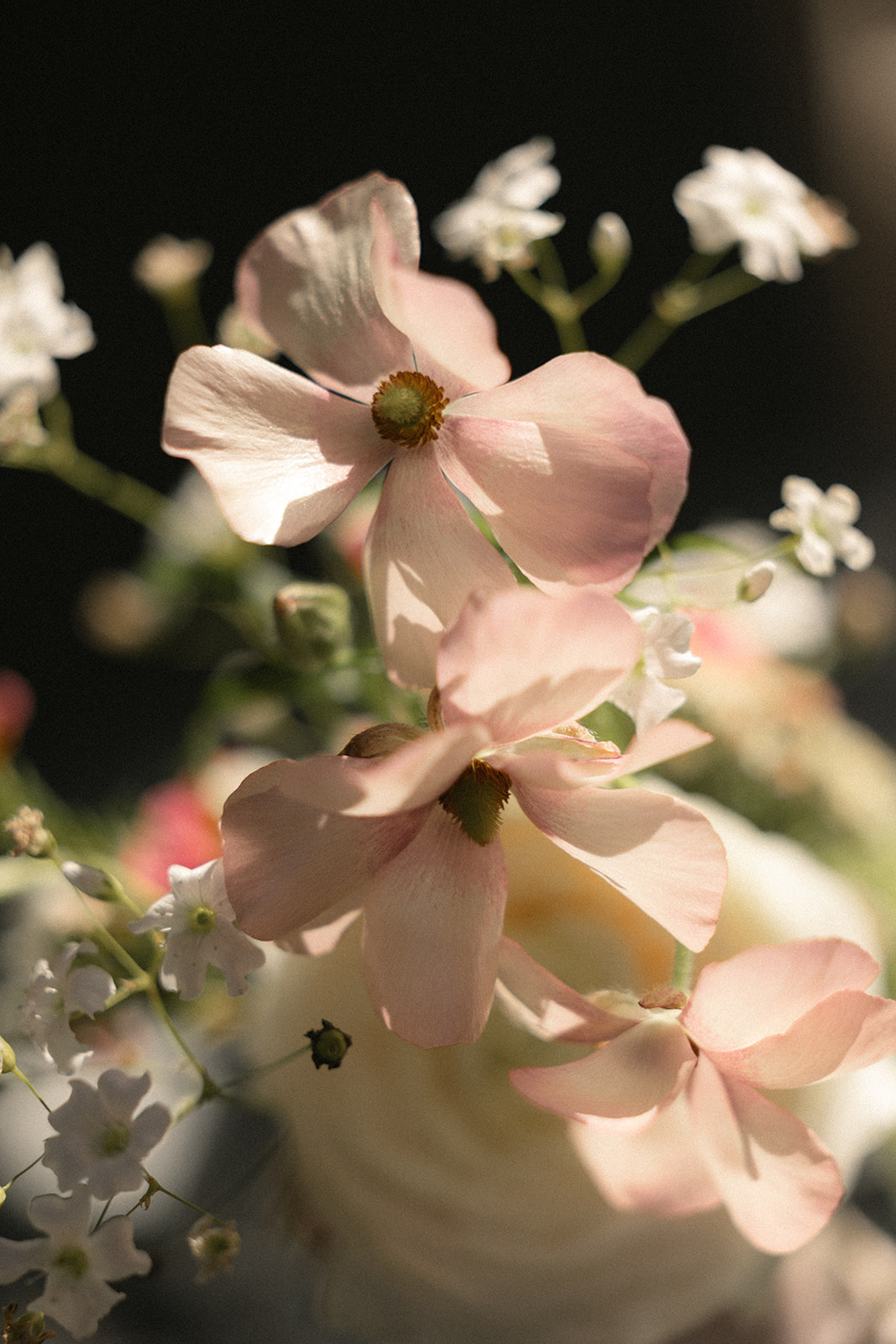 Close-up of delicate blush and white wedding flowers arranged in the bouquet at casa real at ruby hill winery, photographed by a bay area wedding photographer.