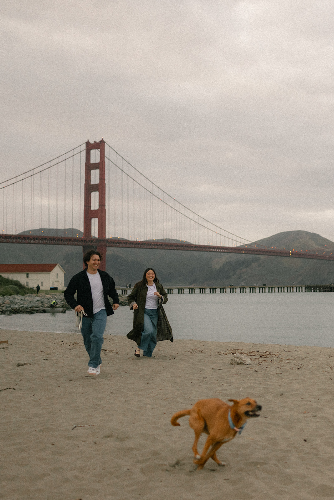 Couple running along the beach with their dog in the foreground, with the Golden Gate Bridge and shoreline creating an iconic San Francisco backdrop.