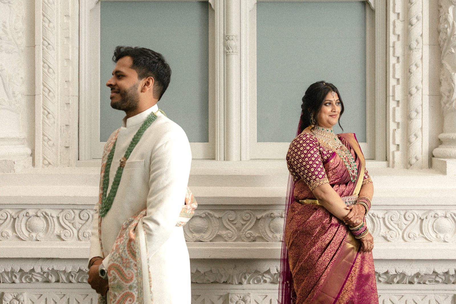 Bride and groom in traditional attire during their Telugu wedding at the Conservatory at One Sansome in San Francisco.