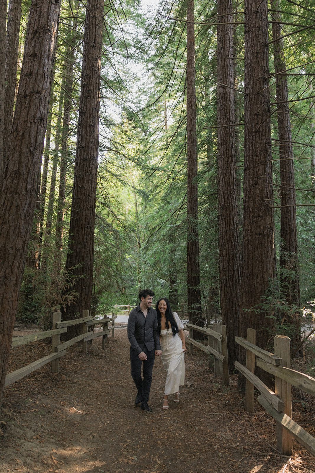 Engaged couple walking hand in hand along a redwood-lined trail during Reinhardt Redwood Regional Park Engagement Photos.