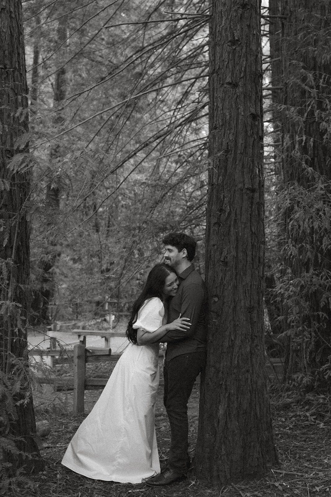 Black-and-white portrait of an engaged couple embracing among redwood trees, showcasing engagement photo locations in the Bay Area.